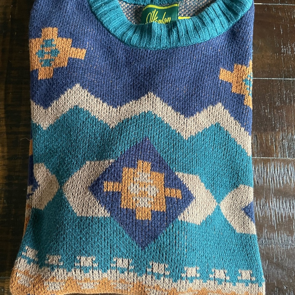 Blue and Tan Crewneck Sweater with Geometric Pattern